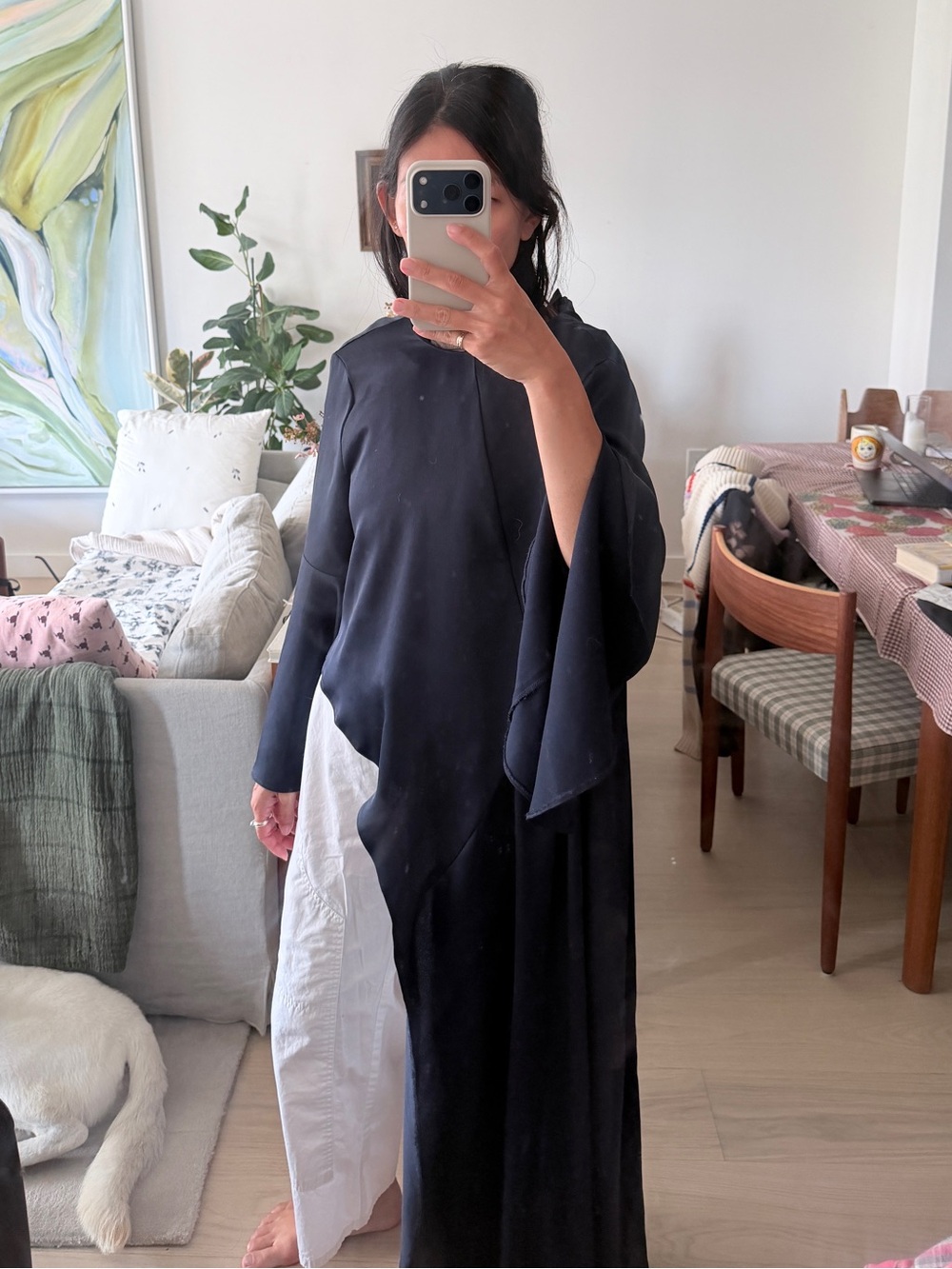ASOS Design Navy satin asymmetric flutter blouse